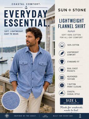 Sun + Stone Blue Flannel Shirt Men’s L Soft Cotton Coastal Casual